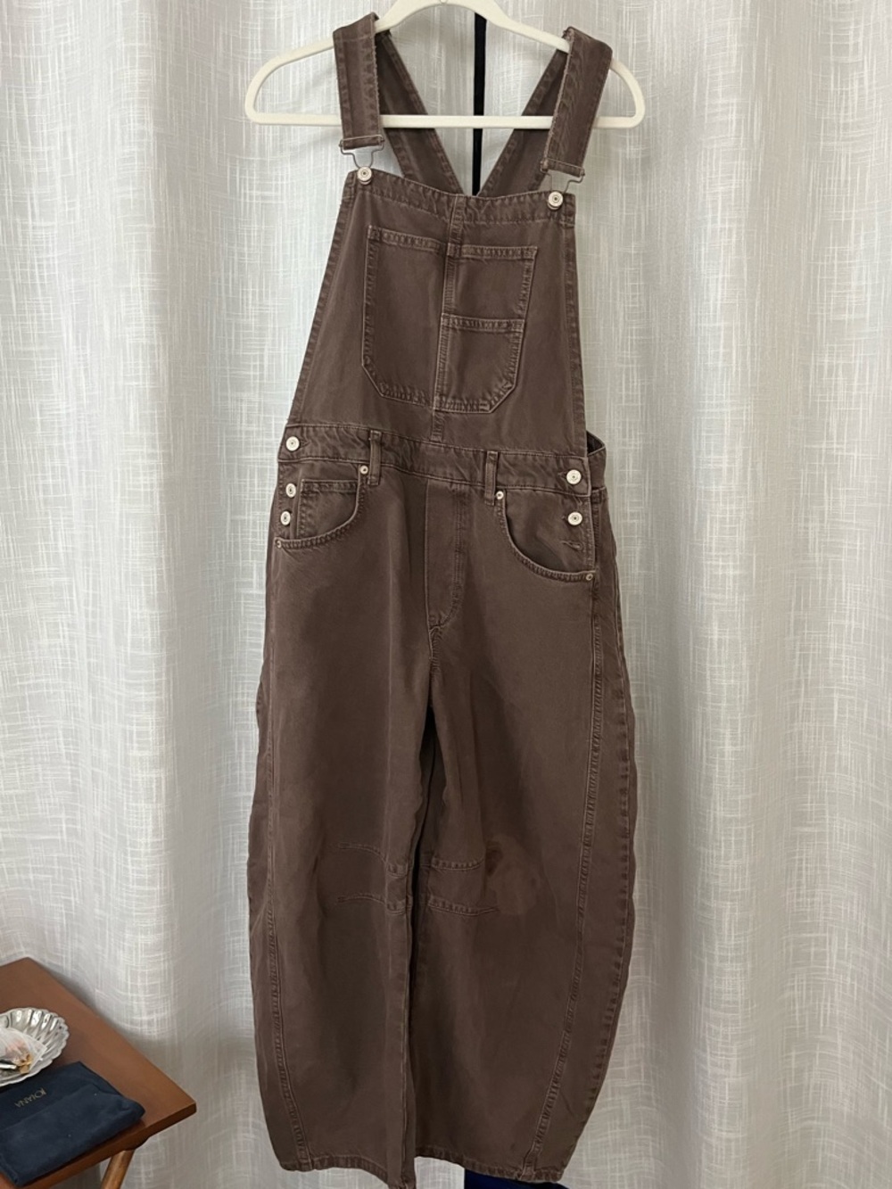 brown free people barrel overalls